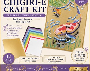 May include: A Japanese Chigiri-e craft kit featuring a gold base sheet measuring 270x195mm, 12 colors of torn washi paper measuring 158x120x1.5mm, and an example artwork of koi fish. The kit includes instructions to tear, arrange, glue, and complete.