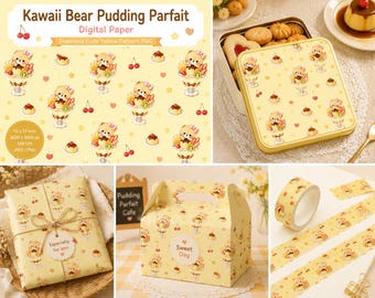 May include: A digital paper pattern featuring illustrations of bears in pudding parfaits, cherries, and hearts on a yellow background. The design is displayed on a metal tin, wrapped gift, cardboard box, and adhesive tape, all with a yellow theme.