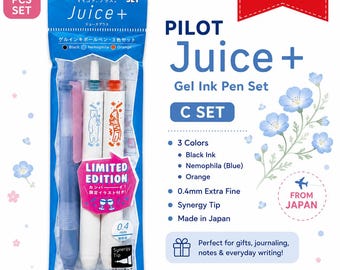 May include: A Pilot Juice+ gel ink pen set containing three 0.4mm extra fine pens in black, nemophila blue, and orange. The packaging is blue and white with the text Juice+, C Set, and Limited Edition. The pens feature a synergy tip design.