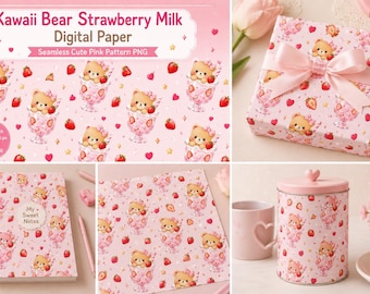 May include: A collection of pink items featuring a repeating pattern of a bear in a strawberry sundae, strawberries, and hearts. Items include a gift box with a pink bow, a spiral notebook, a tin, and a mug. The text "Kawaii Bear Strawberry Milk Digital Paper" is visible.
