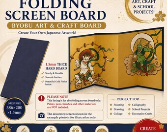 May include: A Japanese folding screen board with a 1.5mm thick hard board construction. The product features a dark exterior and a gold finish interior. The open size is 386 x 200 x 1.5mm. The board is designed for art, craft, and school projects.