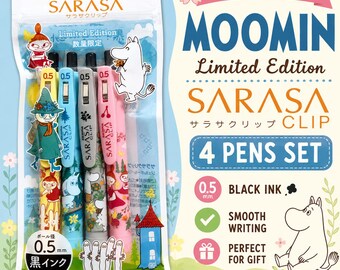 May include: A set of four Zebra Sarasa Clip gel ink pens in a plastic package featuring Moomin characters. The pens have 0.5 mm tips with black ink and are decorated with colorful illustrations of Moomin figures on yellow, blue, gray, and pink barrels.