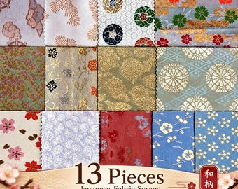 May include: A collection of 13 pieces of Japanese fabric scraps featuring various traditional patterns in colors including red, gold, blue, green, and white. The fabric squares display floral, geometric, and cloud motifs with metallic accents.
