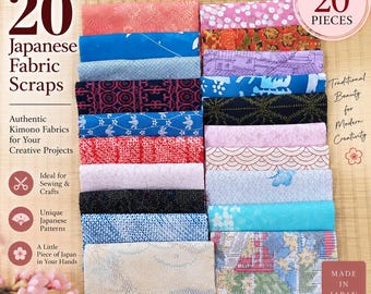 May include: A collection of 20 rectangular Japanese fabric scraps arranged in two columns. The textiles feature diverse colors including red, blue, pink, black, and white, with various intricate patterns such as floral, geometric, and wave motifs.