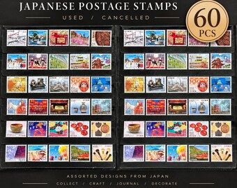 May include: A collection of 60 used and cancelled Japanese postage stamps arranged in a black display folder. The stamps feature various colorful illustrations including landscapes, traditional objects, and cultural motifs with Japanese text.