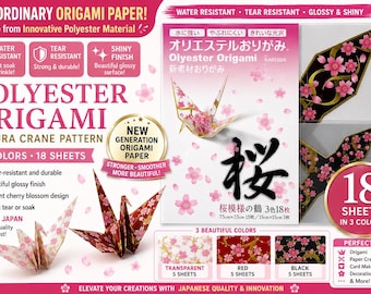 May include: A package of 18 sheets of polyester origami paper featuring a sakura cherry blossom pattern in transparent, red, and black colors. The set includes water-resistant and tear-resistant sheets with a glossy finish, made in Japan.