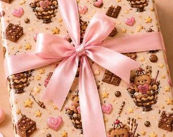 May include: A rectangular gift box wrapped in light tan paper featuring a repeating pattern of teddy bears in chocolate sundaes, brownies, chocolate bars, and pink hearts. A wide, light pink satin ribbon is tied in a bow around the center.