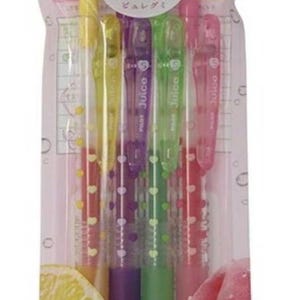 May include: A set of four Pilot Juice 0.5mm gel ink ballpoint pens in a pink limited edition package. The pens are yellow, purple, green, and pink, featuring heart patterns on the barrels. The packaging displays fruit graphics and Japanese text.