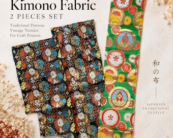May include: A two-piece set of Japanese kimono fabric featuring one black textile with a multi-colored floral hexagonal pattern and one green textile with circular floral motifs. Text includes Japanese Kimono Fabric 2 PIECES SET and 和の布.
