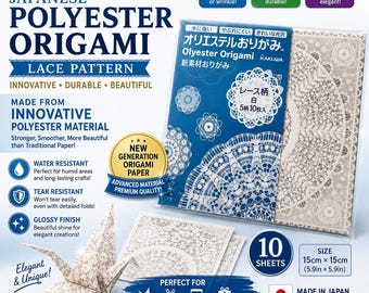 May include: A pack of Japanese polyester origami paper with a lace pattern, featuring 10 sheets measuring 15cm by 15cm (5.9in by 5.9in). The packaging highlights water and tear-resistant properties, a glossy finish, and includes a folded paper crane.