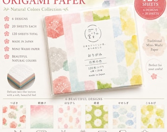 May include: A pack of 120 sheets of Japanese origami paper from the Natural Colors Collection. The set includes 6 designs with 20 sheets each, featuring soft watercolor-style patterns in pink, green, blue, and yellow on Mino Washi paper.