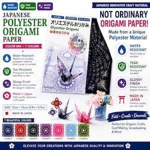 以下が含まれることがあります： 7色ミックスの日本製ポリエステル折り紙、15cm x 15cm。耐水性、耐引裂性、光沢仕上げを備えた20枚セット。パッケージには、折り紙の鶴や花柄のデザイン、および「オリエステルおりがみ」という文字が印刷されています。