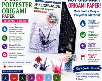 May include: Japanese polyester origami paper in a 7-color mix, 15cm x 15cm (5.9in x 5.9in). The set includes 20 sheets featuring water-resistant, tear-resistant, and glossy properties. The packaging displays folded paper cranes and floral patterns.