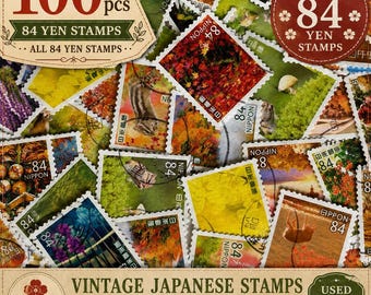 May include: A collection of 100 Japanese postage stamps, each valued at 84 yen. The stamps feature diverse nature-themed imagery including autumn foliage, animals, and floral patterns, with text reading 84 NIPPON on each individual stamp.