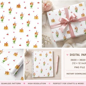 May include: Digital paper with a repeating pattern of cartoon bears in milkshakes, stacks of pancakes, and cherries on a white background. The image includes a wrapped gift, a notebook, and a roll of paper with the same pattern. The text reads "DIGITAL PAPER".