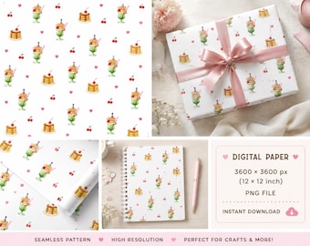May include: Digital paper with a repeating pattern of cartoon bears in milkshakes, stacks of pancakes, and cherries on a white background. The image includes a wrapped gift, a notebook, and a roll of paper with the same pattern. The text reads "DIGITAL PAPER".