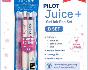 May include: A Pilot Juice+ gel ink pen set containing three 0.4mm extra fine pens with black, sakura pink, and blue ink. The packaging features a limited edition label, synergy tips, and Japanese text. The pens have a translucent pink barrel and two white barrels with graphic illustrations.