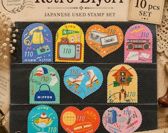 May include: A set of 10 decorative postage stamps titled Retro Biyori, featuring colorful illustrations of vintage items like cassette tapes, roller skates, a cuckoo clock, and food. Each stamp displays the number 110 and the word NIPPON.