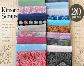 May include: A collection of 20 rectangular fabric scraps featuring various Japanese patterns and colors, including red, blue, green, pink, and black. The fabric pieces are stacked in two columns, displaying diverse textures and traditional designs.