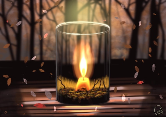 Autumn Candle Jar Art Print, Cozy Fireside Glow, Woodland Scene Wall Decor