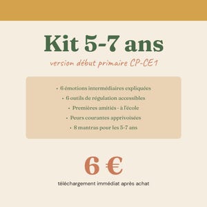 May include: A beige graphic with the text "Kit 5-7 ans" in dark green. The text below reads "version début primaire CP-CE1". Bullet points list topics like emotions, friendships, and mantras. The number "6" is in orange.