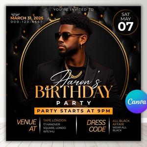 May include: A black and gold birthday party invitation featuring a man in a suit and sunglasses. The invitation includes the text "Aaron's Birthday Party" and details such as the date, time, and dress code.