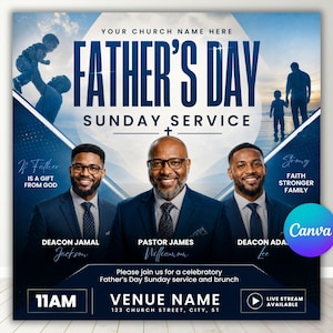 Può includere: Annuncio del servizio domenicale per la festa del papà con un design blu e bianco. La grafica include il testo "Father's Day Sunday Service", sagome di padri e figli e ritratti di tre uomini. Il logo Canva è visibile.