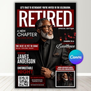 May include: A magazine cover with the headline "RETIRED" in large red letters. The cover features a distinguished Black man in a black suit and glasses. Text includes "A New Chapter Begins Now" and "James Anderson".