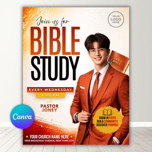 Op de afbeelding: Een promotieposter voor een Bijbelstudie. De poster toont een persoon in een oranje pak die een Bijbel vasthoudt, met de tekst "BIBLE STUDY" prominent aanwezig. Details omvatten dag, tijd en kerkgegevens, allemaal in een modern ontwerp.