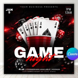 May include: A promotional graphic for a game night event. The design features playing cards, dice, and poker chips against a dark background. The words "GAME night" are prominently displayed, along with event details.