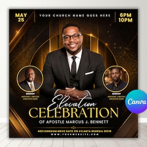 May include: A promotional flyer for a church event. The design features a central image of a man in a suit, with two smaller portraits on either side. Gold and black colors are used, with the text "Elevation Celebration".
