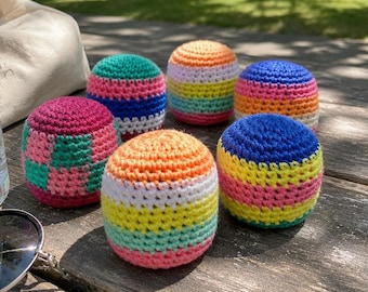 Rainbow Hacky Sack Balls, Crochet Footbag Set, Handmade Hackysack Knit Kick Ball, Colorful Fidget Stress Toy, Outdoor Game Gift