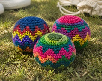 3 Pack Hacky Sack Footbag, Handmade Crochet Hackey Sack Balls, Colorful Knit Juggling Ball, Fidget Stress Toy, Outdoor Play Toy