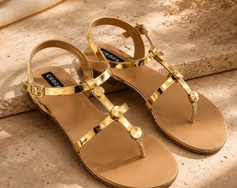 Sandali con cinturino alla caviglia dorati, sandali messicani, sandali boho, scarpe per invitate a matrimoni, sandali da sposa, sandali estivi piatti da donna