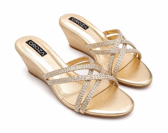 Gold Crystal Wedge Sandals | Women's Rhinestone Slip On Heels | Elegant Wedding Shoes