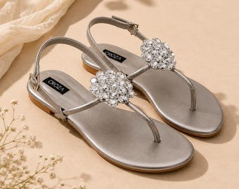 Crystal Sandals Women, Bridal Sandals, Wedding Guest Shoes, Silver Flat Sandals, Bride Sandals, Ankle Strap Sandals