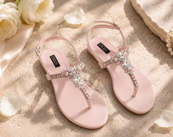 Sandálias de noiva rosa com pérolas, sandálias rasteiras femininas com aplicações, sandálias de casamento, sandálias slingback com strass, sapatos para damas de honra, rasteirinhas de verão.