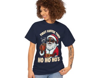 Black Santa Shirt, Funny Black Santa Coffee Christmas Tee, Santa Sunglasses Holiday Gift for Coffee Lovers
