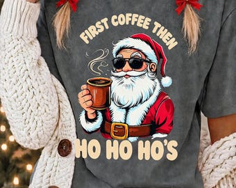 Funny Holiday Shirt with Santa and Coffee Mug, Casual Festive Christmas Tee for Caffeine Lovers