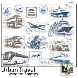 Könnte beinhalten: Eine Sammlung von Illustrationen in blauer Tinte mit verschiedenen Verkehrsmitteln wie Bussen, Zügen, Flugzeugen, Schiffen, Autos, einem Motorrad und einem Fahrrad, durchsetzt mit kreisförmigen und rechteckigen Briefmarkenmotiven und dem Text Urban Travel Modern Stamps.