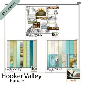 May include: A digital art bundle titled "Hooker Valley" featuring paper packs and elements. The image includes illustrations of mountains, a bridge, and text such as "Take a Hike" and "Trail Blazing". The color palette includes greens, blues, and beige.