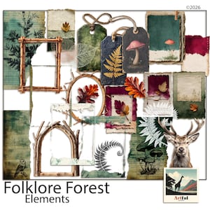 Botanisches Wald Scrapbook Set — Hirsch, Zweig Rahmen & Herbarium Ephemera — Folklore Wald zum Ausdrucken
