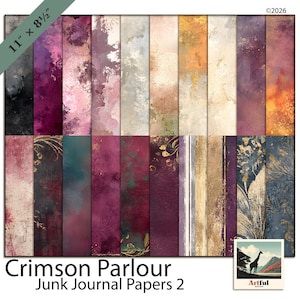 May include: A collection of twenty rectangular digital papers measuring 11 by 8.5 inches, featuring varied textures in shades of deep crimson, gold, navy, and cream. Some sheets display abstract watercolor washes, while others include gold floral patterns.