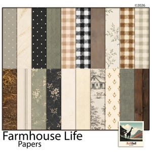 Può includere: Una collezione di venti carte digitali con motivi che includono quadretti vichy, spina di pesce, stampe floreali, pois, righe, venature del legno e una scena di fattoria con mucche. Il testo Farmhouse Life Papers e Artful Safari è visibile.