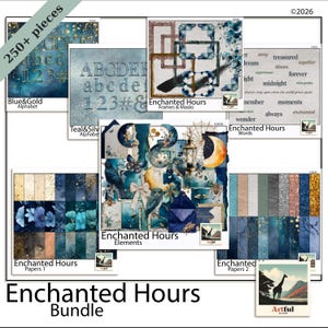 May include: A digital art bundle named "Enchanted Hours" with a variety of design elements. The collection includes alphabets, frames, masks, words, papers, and other elements in shades of blue, teal, and gold. The bundle contains over 250 pieces.