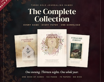 以下が含まれることがあります： 「The Complete Collection」と題された3つのソロジャーナリングゲームのデジタルコレクション。The Unanswered Letter、The Crimson Parlour、Folklore Forestが含まれています。セットにはカードデッキ1つ、132ページ、76枚の用紙が含まれ、サイコロは不要です。