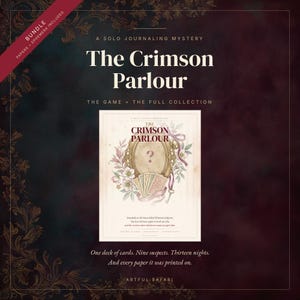 May include: A solo journaling mystery game titled The Crimson Parlour, featuring a central illustration of an ornate gold frame, a question mark, and playing cards surrounded by floral elements, all set against a dark, decorative background.