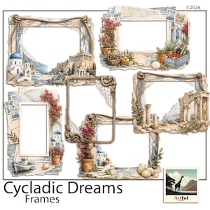 May include: A set of decorative frames with a Cycladic theme. The frames depict Greek architecture, boats, and flowers, in a palette of blue, white, and beige. The frames are decorated with rope and netting, creating a nautical feel. The text "Cycladic Dreams Frames" is at the bottom.