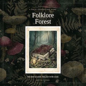 May include: A solo journaling game titled Folklore Forest featuring a dark background with illustrated mushrooms and ferns. The center shows a vintage-style photograph of a leather-bound book, a candle, and a compass resting on a tree stump.