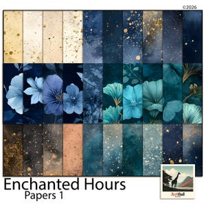 Könnte beinhalten: Eine Sammlung digitaler Papiere mit Aquarellästhetik. Die Papiere zeigen eine Vielzahl von Designs, darunter Blumenmuster, abstrakte Texturen und gesprenkelte Hintergründe in Blau-, Gold- und Beigetönen. Der Text "Enchanted Hours Papers 1" befindet sich unten.